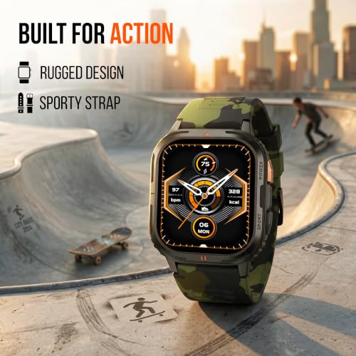 Fastrack Xtreme S Rugged Smart Watch with 1.93" AMOLED Square Display, BT Calling, 24/7 Health Suite, IP67, 60Hz Dynamic Refresh Rate, Vitality Index, Hydration Alert, Large Battery - Camo Green