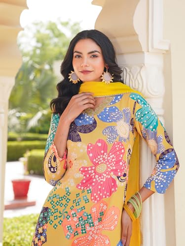 Vaamsi Women's Cotton Blend Floral Straight Printed Kurta Pant With Dupatta (PKSKD2492_M_Yellow)