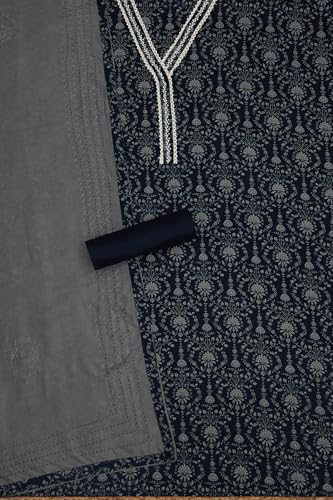 Soch Womens Navy Blue Jam Cotton Floral Print Unstitch Dress Material With Thread Work