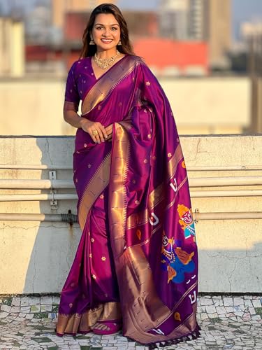 Panzora Women's Purple Paithani Silk Saree With Unstitched Blouse Piece