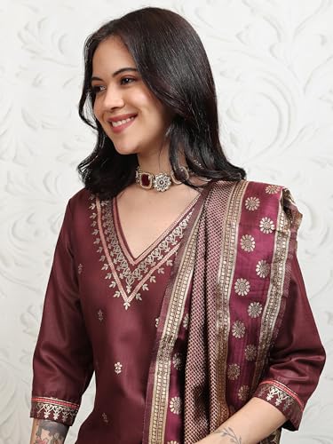 Vishudh Women V NECK Ethnic Set PVK3000085 Brown S