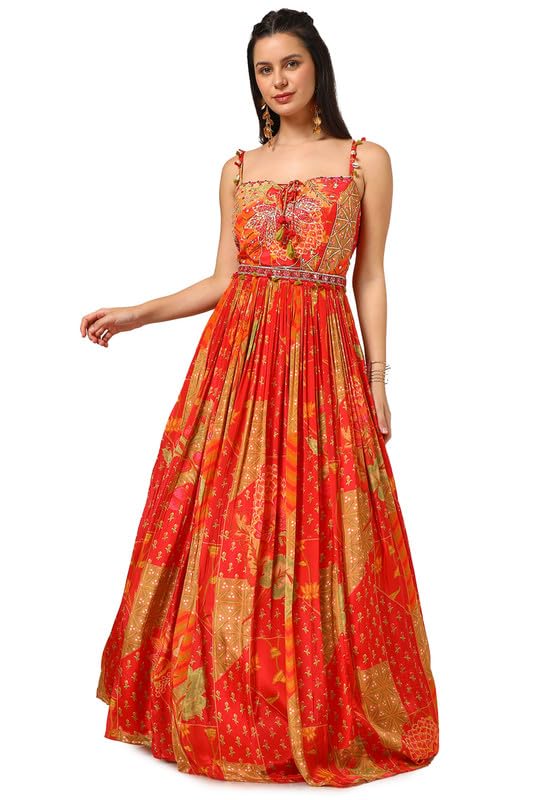 Soch Womens Red Crepe Floral Print Gown with Mirror Work