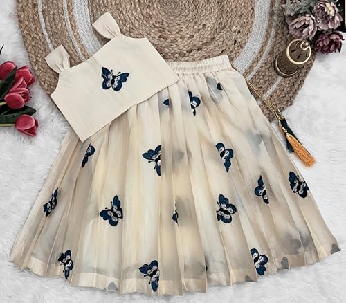 COMRATE Kids Girls Lehnga Choli Pattern Dress Half Sleeves Readymade Hand Embroidery Ethnic Traditional Full Length South Indian Girl Lehnga Choli-BLUE-WHITE-1-2 Years
