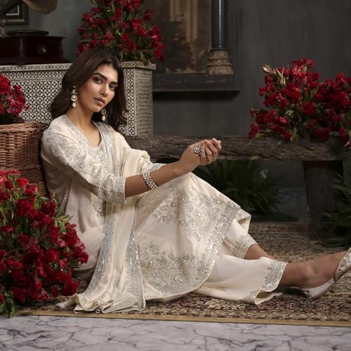 BIBA Women Off-White Cotton Silk Embroidered Kalidar Suit Set_42