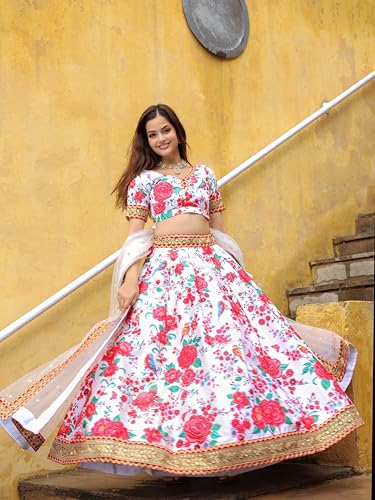 Zeel Clothing Women's Art Silk Digital Print With Dori, Sequins, And Stone Work Art Silk Semi Stitched Lehenga Choli With Dupatta (7512-White-Red-Wedding-Floral-Lehenga-Choli; Free Size)
