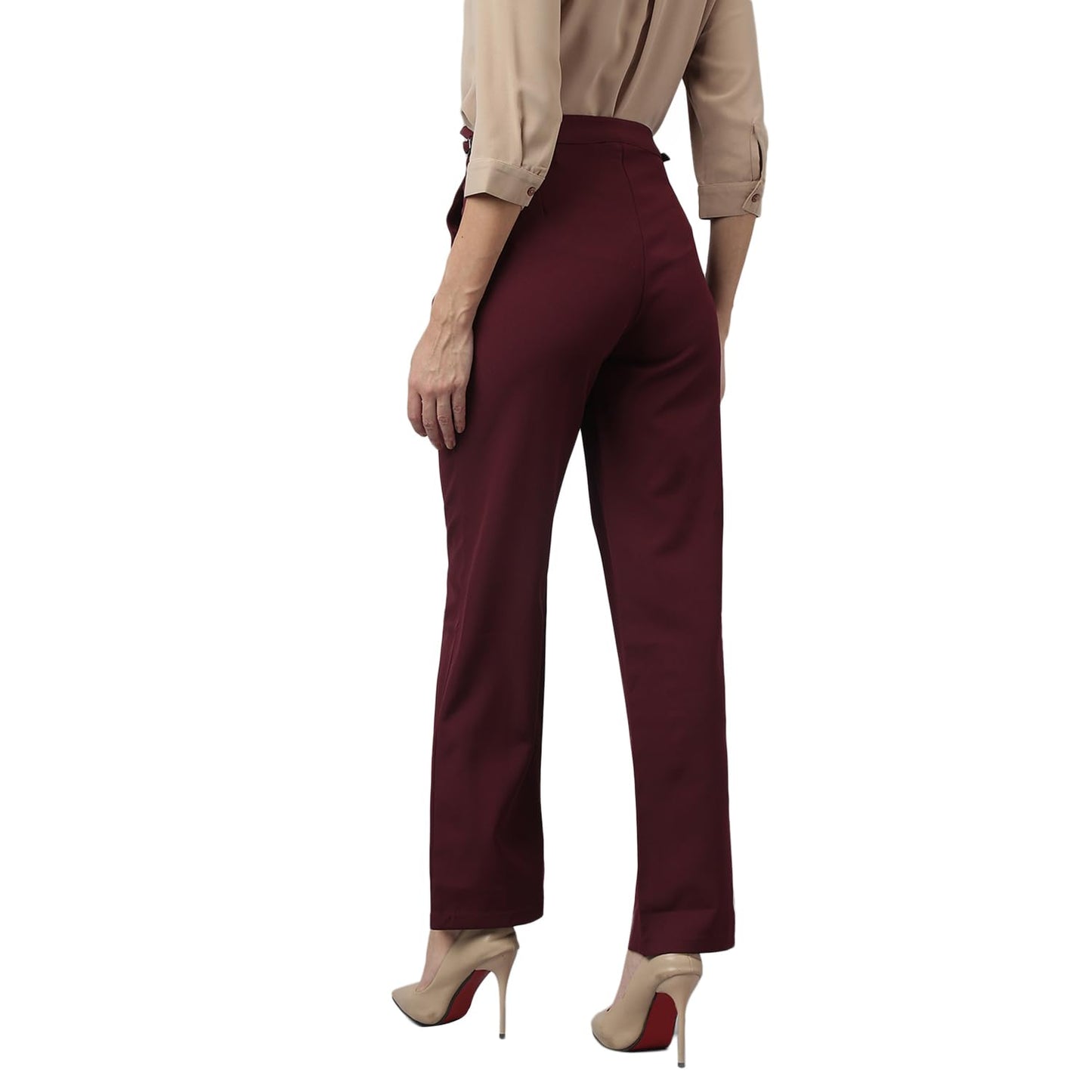 Latin Quarters Women's Maroon Solid Straight High Rise Formal Trouser_L