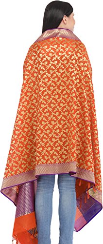 Exotic India Women's Silk Dupatta (SWI54_Mandarin Orange_Fs)
