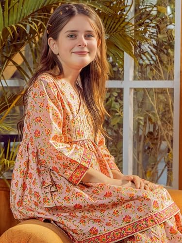 Naixa Girls Orange Rayon Round Neck 3/4 Sleeve Floral Printed Flared-Fit Kurta and Sharara with Dupatta Set | latest Floral Designer Printed Salwar Suits Set With Dupatta for Girls (SE40_5-6 Year)