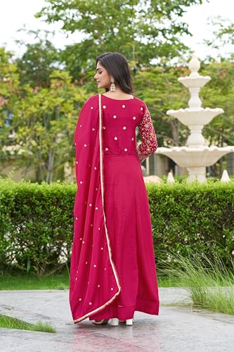 Miss Ethnik Women's Pink Chinon Stitched Gown With Dupatta Full Sleeve Embroidered Anarkali Gown (MER-1275-Pink-3XL)