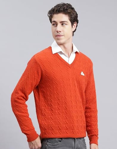 Monte Carlo Orange Mix Self Design V Neck Pullover