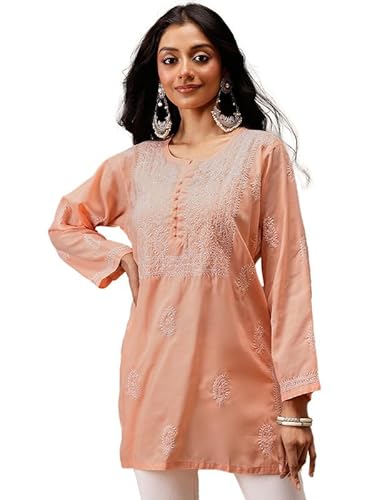Ada Hand Embroidered Peach Cotton Short Kurta Kurti Lucknow Chikankari Top Tunic for Women A911465 (XL)