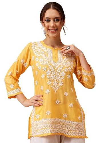 Ada Women Muslin Regular Hand Embroidered Lucknowi Chikankari Straight Top Tunic Short Kurti A911423 Yellow (XL)