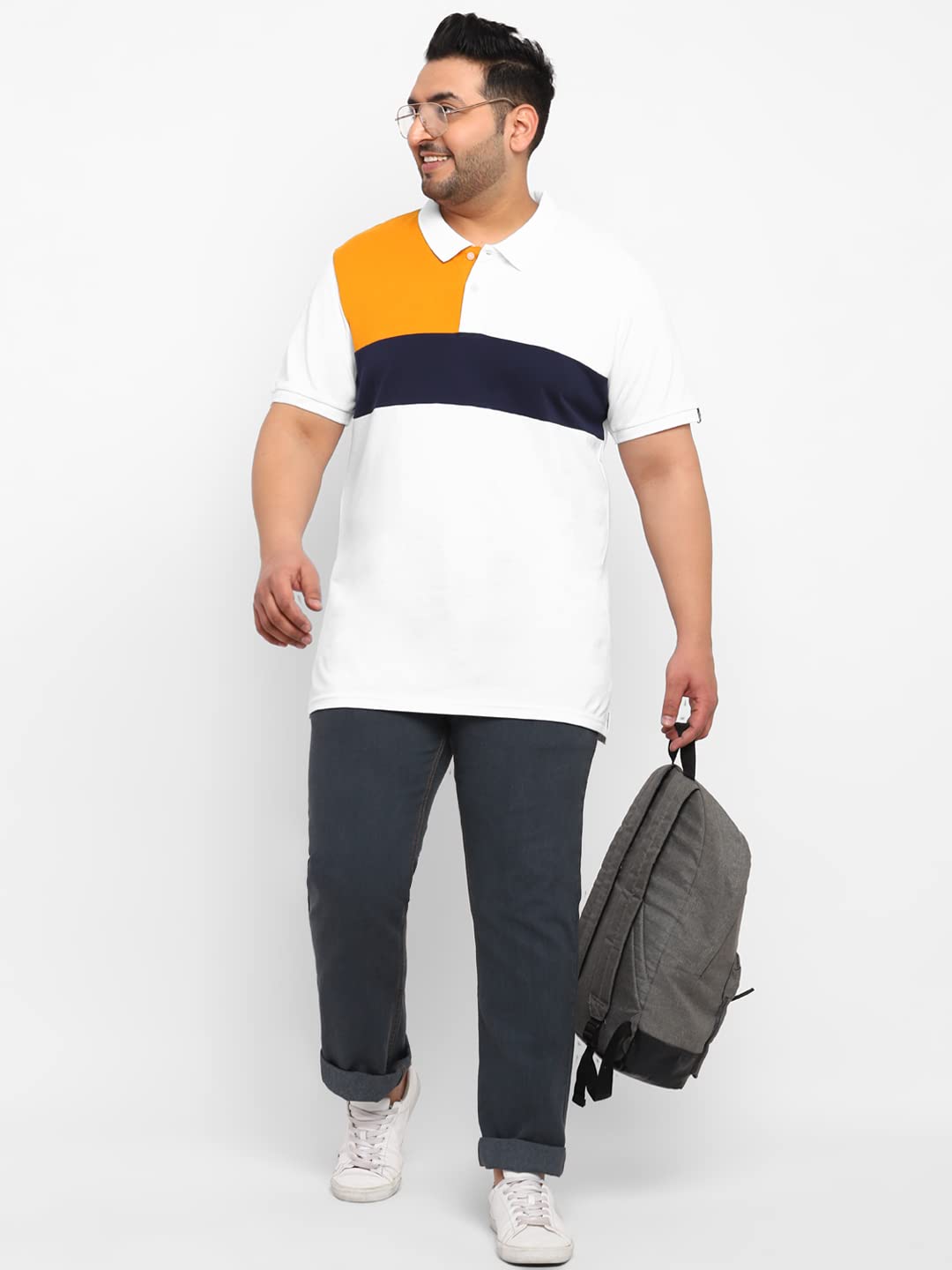 Urbano Plus Men's White, Navy Blue, Gold Colour-Block Regular Fit Half Sleeve Cotton Polo T-Shirt (pluspolocbp-021-whinavgol)