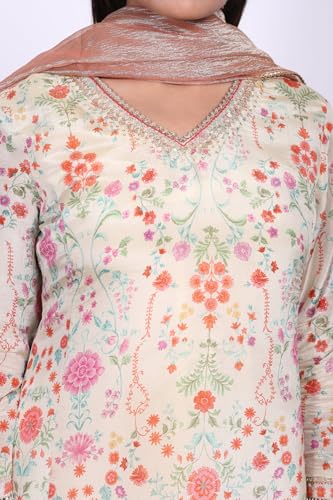 W for Woman Cream Floral Printed Tissue A Line Kurta with Straight Pant and Dupatta Set - (WS13090-126486-M)