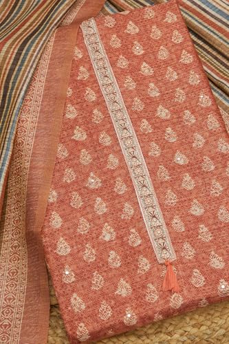 Soch Womens Peach Tussar Abstract Print Unstitched Dress Material With Faux Mirror