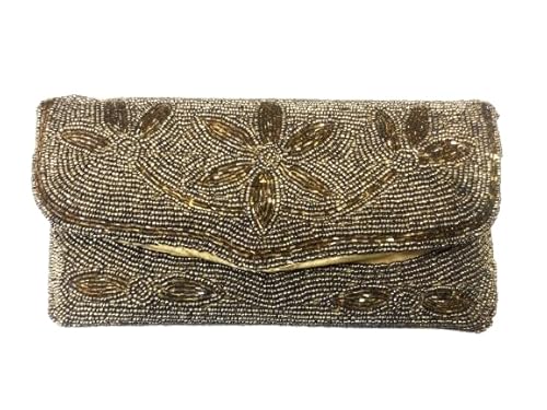 OLL OO LA LA BEAUTY Womens Handcrafted Beaded Clutch Purse, 25 Cm X 15 Cm, Golden Brown Color