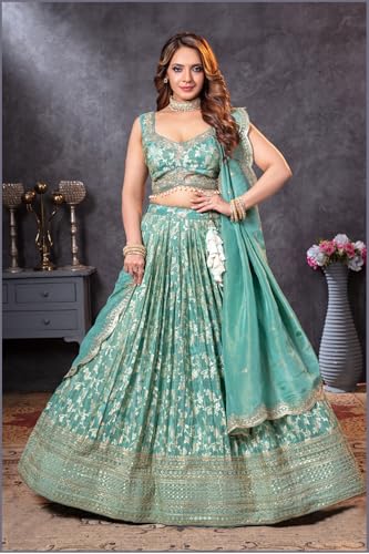 ADHIA Women's Embroidered Lehenga Choli with Dupatta | Silk Blend Wedding Lehenga Set | Traditional Indian Dress (Lehenga, Dupatta, Blouse, Light Green, Size - L)
