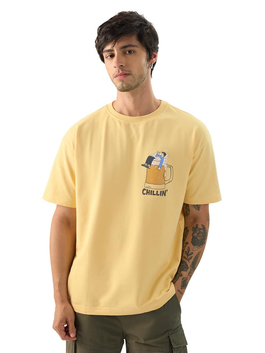 The Souled Store Explore The Unseen Men and Boys Short Sleeve Round Neck Green Embroided Cotton Oversized T-Shirts