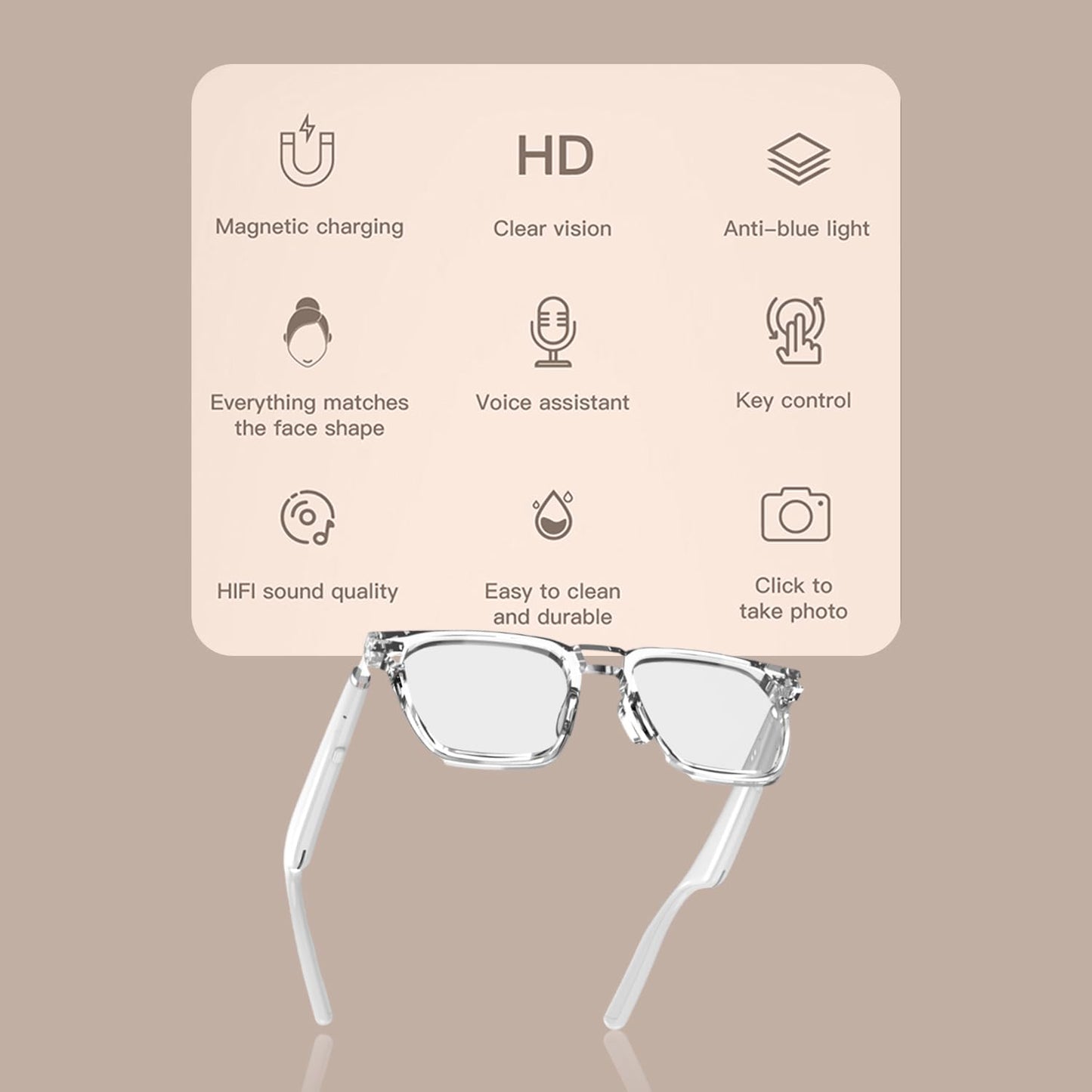 Tunifi G01 Smart Glasses Wireless Bluetooth with Magnetic Charging Hands-Free Calling, Anti-Blue Light, Sport Headset, Eyewear Intelligent Eyeglasses (White)