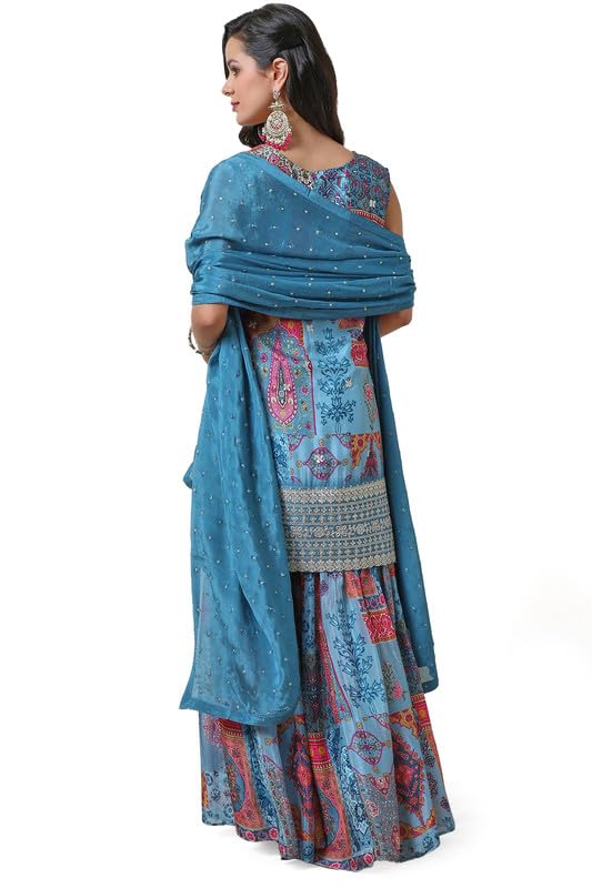 Soch Womens Powder Blue Ethnic Motifs Print Chinon Suit Set