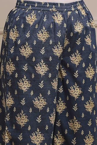Biba Women Blue Cotton Straight Printed Suit Set_34