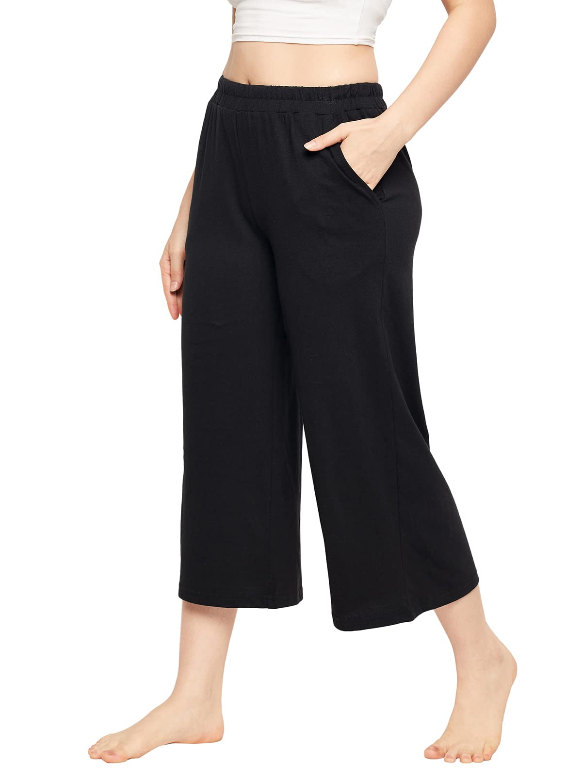 Clovia Women's Cotton Chic Basic Flared Capri with Pocket (LB0182P13_Black_L)