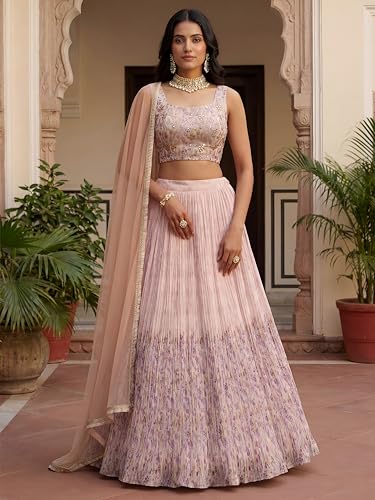 Zeel Clothing Digital Print Mirror Hand Work Georgette Lehenga Choli with Dupatta (5100-Beige-Women-Stylish-Lehenga-Choli; Free Size)