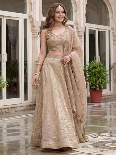 Zeel Clothing Women's Zari Sequins Embroidered Work Crush Silk Lehenga Choli With Dupatta (5136-Golden-Women-Lehenga-Choli-Latest; Free size)