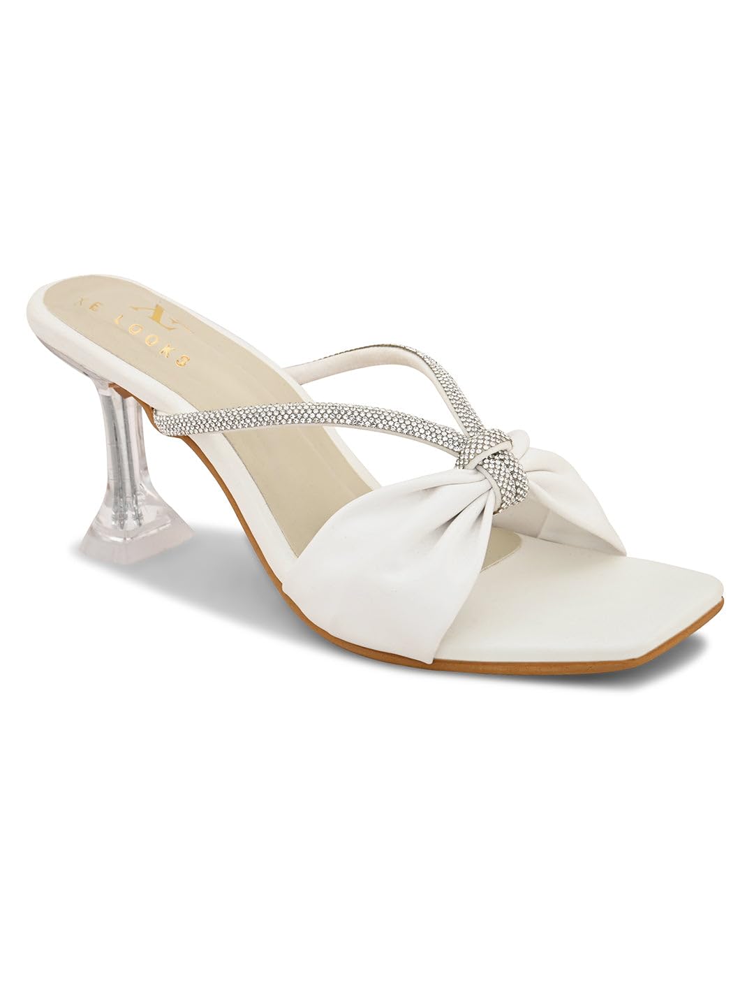 XE Looks Women's White Elegant Knot Bow Slip-On Sandals | Crystal Embellished Straps with Clear Heels | Rhinestone Strap With Transparent Block Heels For Girls & Women