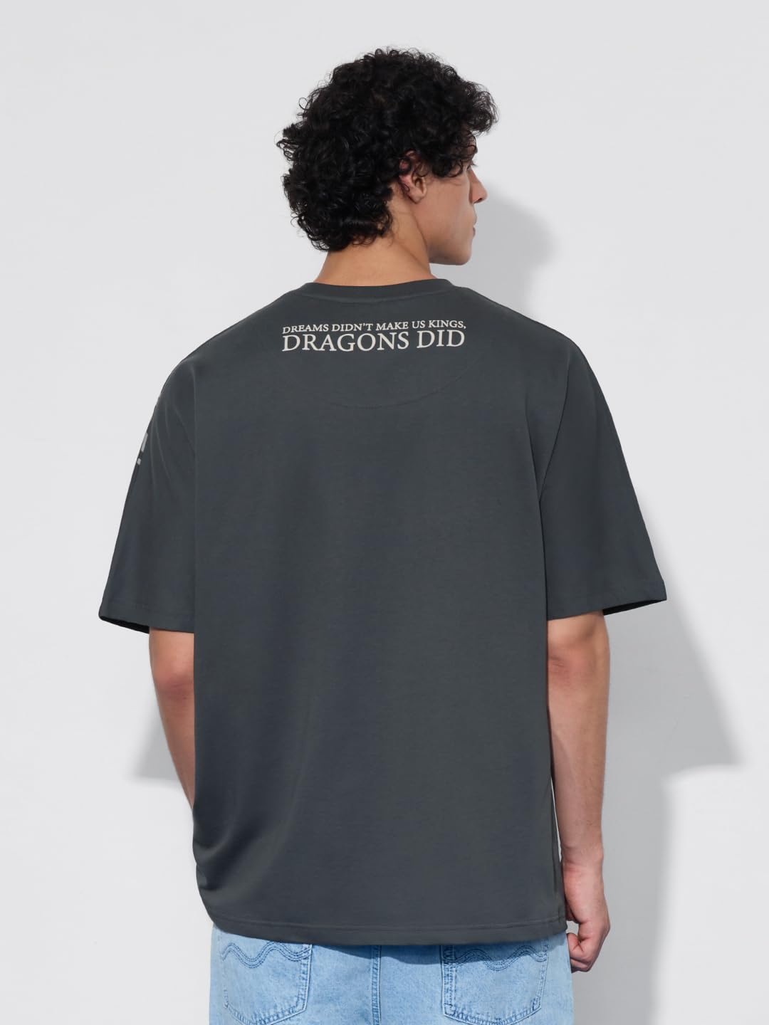 The Souled Store House of The Dragon: Fire & Blood Men and Boys Short Sleeves Round Neck Grey Graphic Printed Cotton Oversized T-Shirts