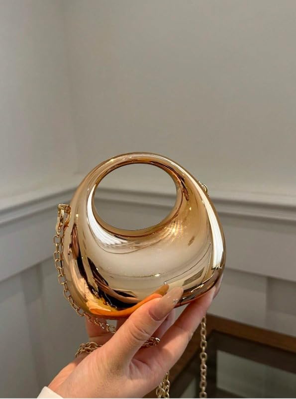 Moon Clutch Purse Acrylic Evening Handbag for Women Crossbody Sling Bags with Detachable Chain Strap Glossy Stylish Latest Ladies Girls Small Size Cute Wallet Party Wedding Gift item (Glossy Golden)