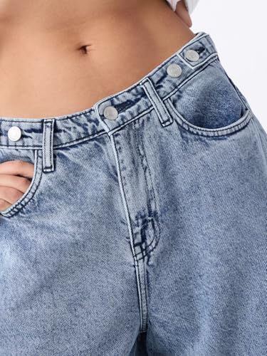 The Souled Store Barrel-Fit Denim: Trixie Women Girls Buttoned Waistband Light Blue Washed Cotton Denim Sustainable Everyday Streetwear Loose Fit Jeans