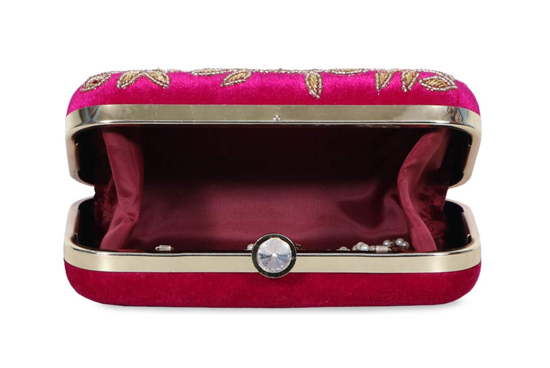 DUCHESS Women's Velvet Zari Zirkon Box Clutch Purse (Fuchsia)