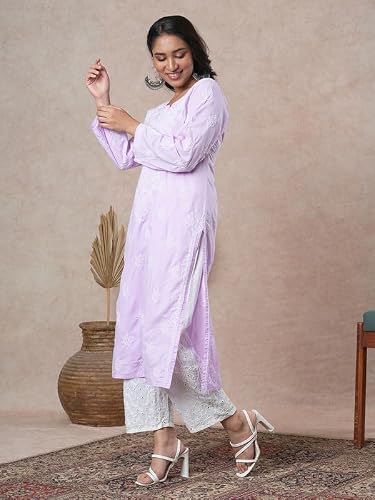 Ada Hand Embroidered Lucknowi Chikankari Cotton Kurta Kurti for Women A411691 Mauve (4XL)