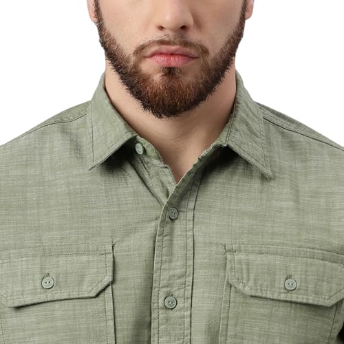 Woodland Men Cotton Solid Regular Fit Long Sleeves Shirts (Olive, S)