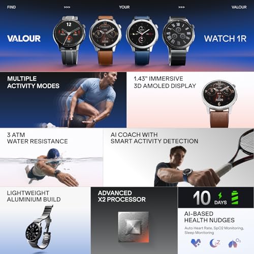 boAt Valour Watch 1 R, AI Smart Habit Builder, 1.43" 3D Immersive AMOLED Display, 1000 nits, Light-Weight Aluminium Build 3 ATM, 10 Days Battery Life, Smart Watches for Man (Obsidian Black)
