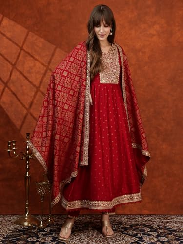 NIVANA Embroidered Anarkali Kurta with Pant & Bandhni Printed Dupatta | XL | Maroon | V-Neck | 3/4 Sleeves