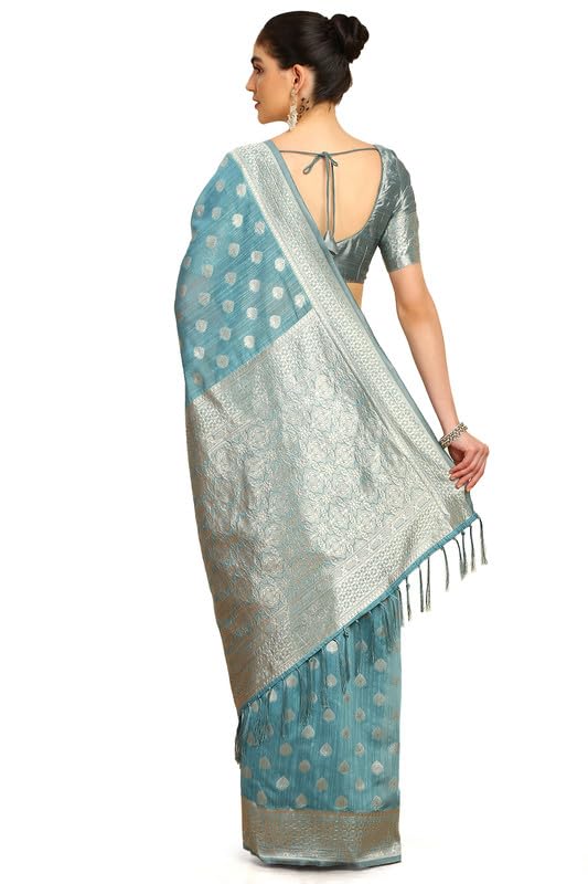Soch Womens Turquoise Blue Tussar Woven Design Saree With Tassels