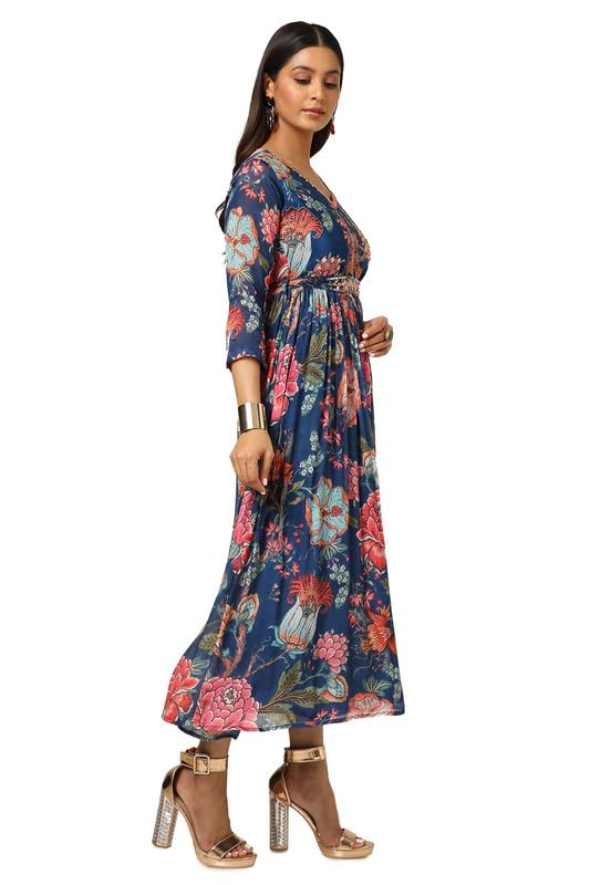 Soch Womens Navy Blue Chinon Floral Gathered Dress with Belt