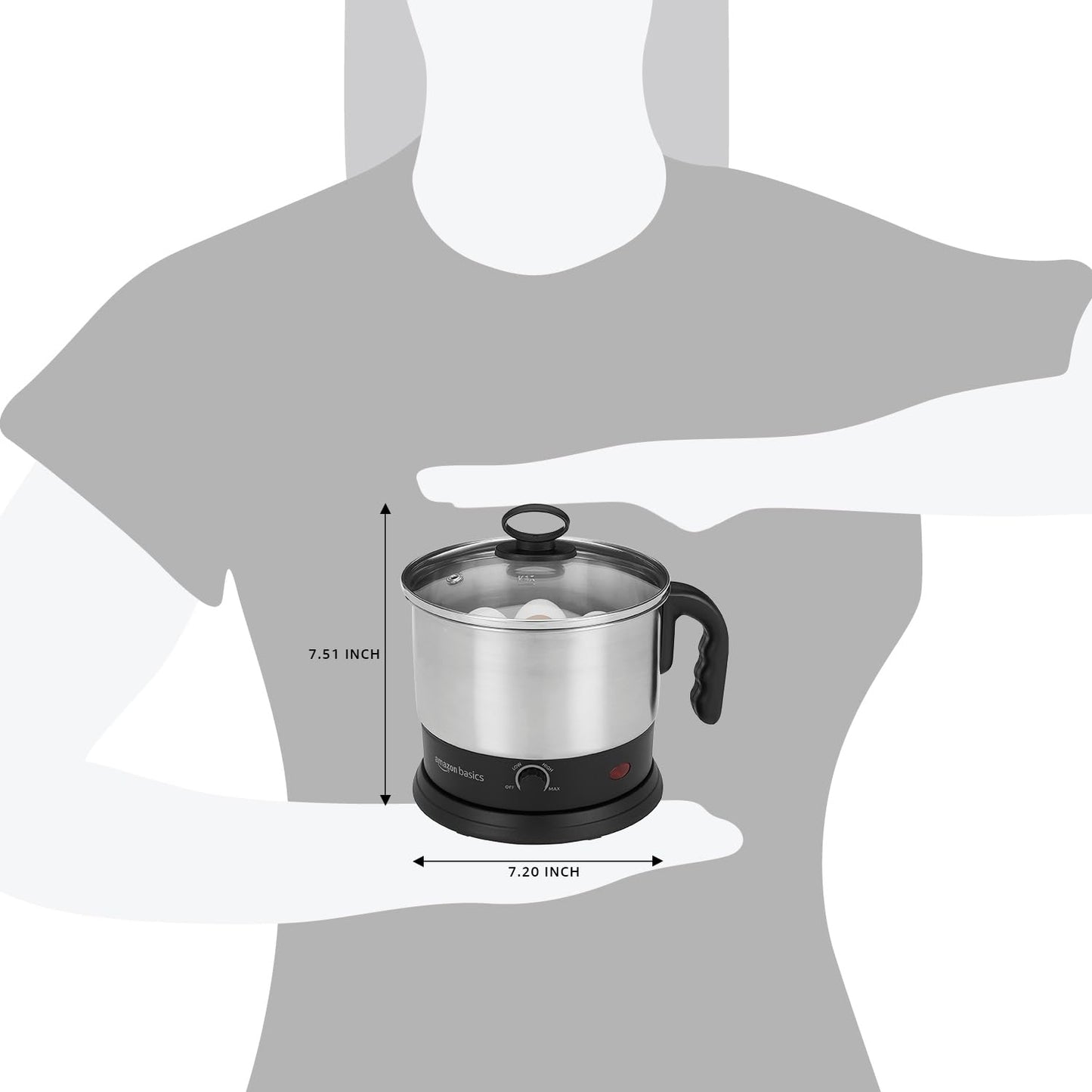 amazon basics Electric Multipurpose Kettle | for boiling Water, Eggs | Making Tea, Coffee| Stainless Steel Body with Automatic Shut-off | 18.3L x 15.7W x 19.1H cm | 1.2 L | 220 Volts | Silver, Black