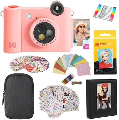 Kodak Smile+ 2-in-1 Digital Instant Print Camera & Photo Printer Gift Bundle + Case + Zink 2x3 Sticky Back Photo Paper 20pk + Album + Sticker Sets + Sticker Frames + Hanging Frames + Markers - Pink