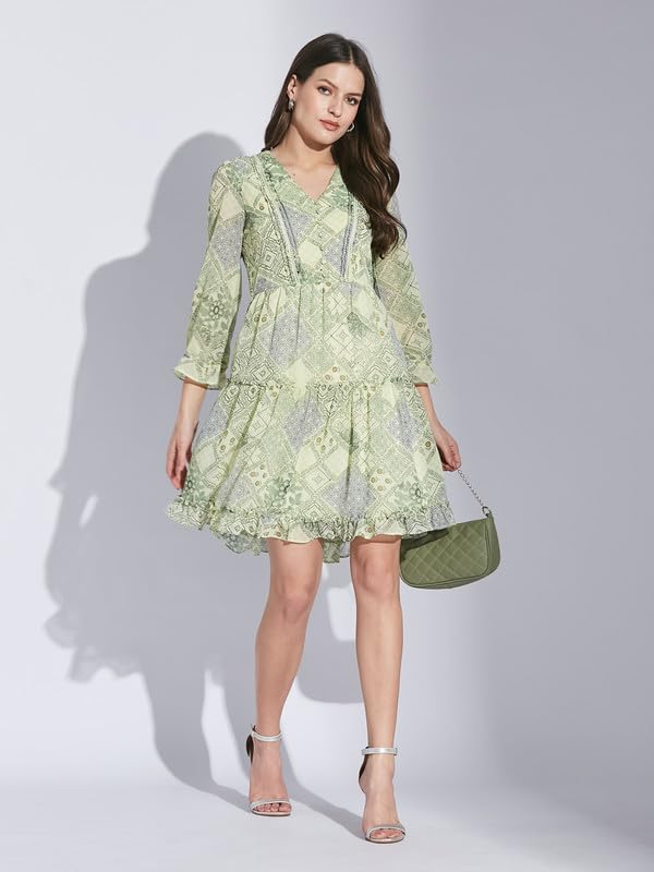 Latin Quarters Women Green V-Neck 3/4 Sleeve Printed Dress_M