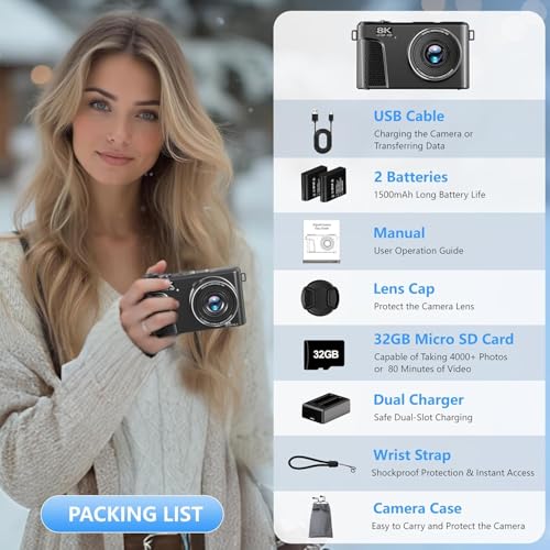 CAMKORY 8K Digital Camera, 88MP Vlogging Camera for YouTube/Photography with 3" 180° Flip Screen, Fill Light, WiFi, Filters, Beauty Features Includes 32GB SD Card & 2 Batteries, Matte Black