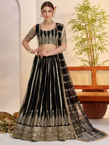 Zeel Clothing Women's Cotton Thread Sequins Work Embroidery Soft Net Lehenga Choli With Dupatta (NFH-2149-Black-Women-Lehenga-Choli; Free size) (Black)