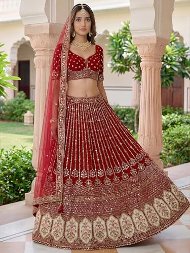 Zeel Clothing Women's Zari, Dori, and Resham With Sequins Embroidered Work Organza Lehenga Choli With Dupatta (5113-Maroon-Women-Lehenga-Choli-Latest; Free size)