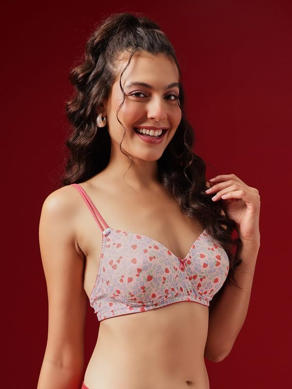 Clovia Women's Printed Padded Non-Wired T-Shirt Bra with Adjustable Satin Dual Straps - Pink