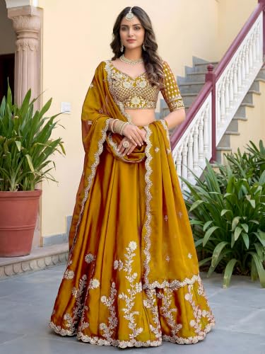 Zeel Clothing Women's Thread and Sequins Embroidered Work Silk Lehenga Choli With Dupatta (5135-Yellow-Women-Lehenga-Choli-Latest; Free size) (Yellow)