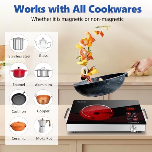 Sizzle Cook Single Burner Infrared Electric Stove, Small Countertop Portable Hot Plate for Cooking, 2200W Ceramic Glass Infrared Burner with LCD Touch Screen