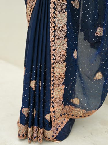 Satrani Women's Shimmer Chiffon Dual Tone Embroidery Scalloped Border Stone Work Saree with Unstitched Blouse Piece (4748S132N_Peacock Blue)