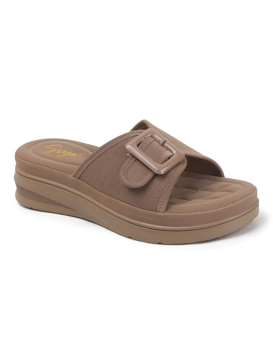 Elegant Slide Women Sandals with Bold Buckle and Soft Quilted Footbed for Everyday Comfort (Chiku, UK Footwear Size System, Adult, Women, Numeric, Medium, 9)